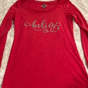 Custom Silver Glitter “Believe” Long Sleeve Holiday Scoop Neck Shirt